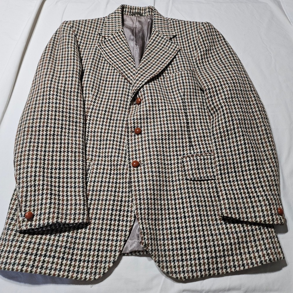 Dunn & Co Harris Tweed Blazer Mens 42R Brown Houndstooth Wool Sport Coat UK Made